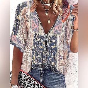 NWT | Boutique Boho Floral 1/2 Zip Lightweight Blouse Top